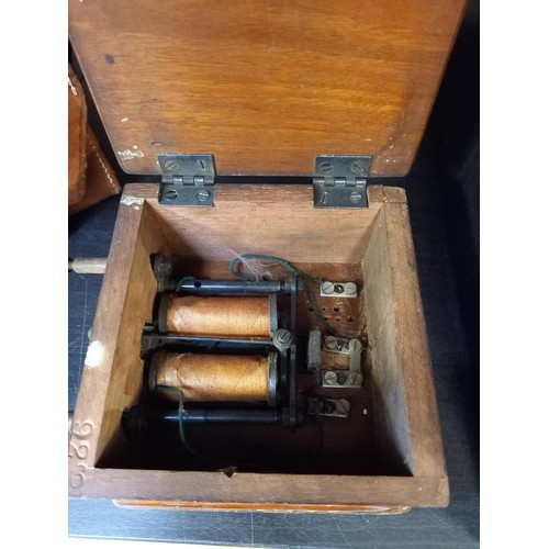 185 - Small leather-bound GPO test metre + wooden case brass bells missing but ringer mechanism intact