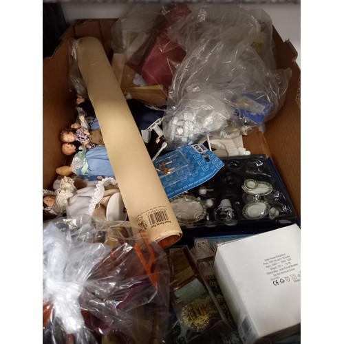 194 - Box lot of dolls and miniature dolls furniture, tea sets, etc.