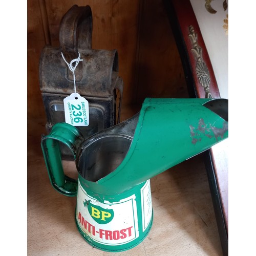 236 - BP Anti Frost oil can and vintage carriage lamp