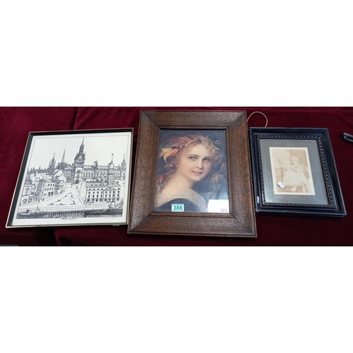 388 - Vintage oak framed print of a lady and 2 others