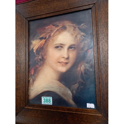 388 - Vintage oak framed print of a lady and 2 others