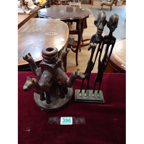 396 - Indian candle holder and possible bronze tribal figurines