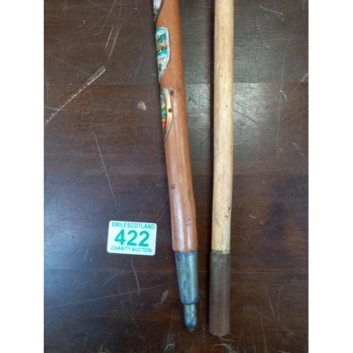 422 - Horn handled walking stick and wooden walking stick with badges