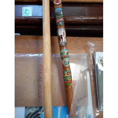 422 - Horn handled walking stick and wooden walking stick with badges