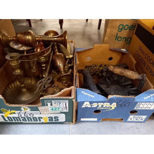 427 - 2x box lot of brass and iron ware