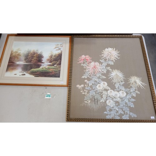 429 - Silk Embroidery flowers framed with no glass & 1 other