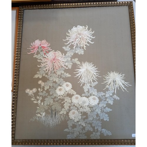 429 - Silk Embroidery flowers framed with no glass & 1 other