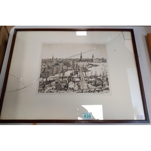 430 - Framed etching 'Stockholm' original dry point by Sir Muirhead Bone LLD 58x43cm approx. (glass broken... 