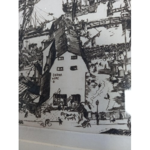 430 - Framed etching 'Stockholm' original dry point by Sir Muirhead Bone LLD 58x43cm approx. (glass broken... 