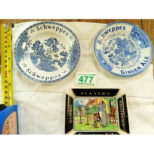 477 - Two vintage Schweppes dishes and a Players tobacco ashtray.