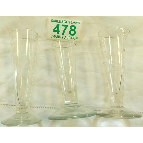 478 - Three vintage glass measures and one other.