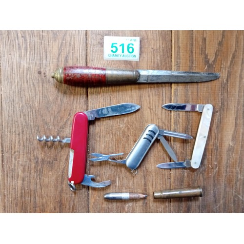 516 - 3 vintage pen knives and a 1898 hand decorated knife plus a bullet that is indeed now a pencil