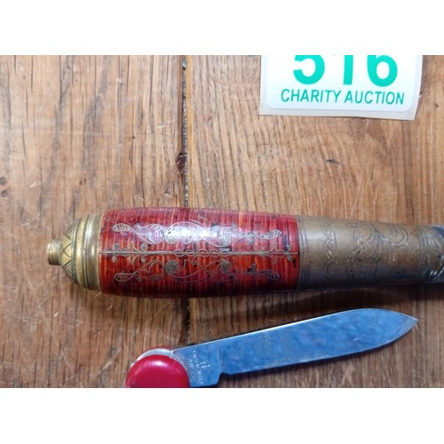 516 - 3 vintage pen knives and a 1898 hand decorated knife plus a bullet that is indeed now a pencil