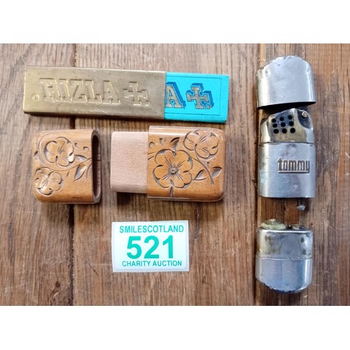 521 - Rizla brass paper clip , vintage Tommy lighter and a wooden match striker box