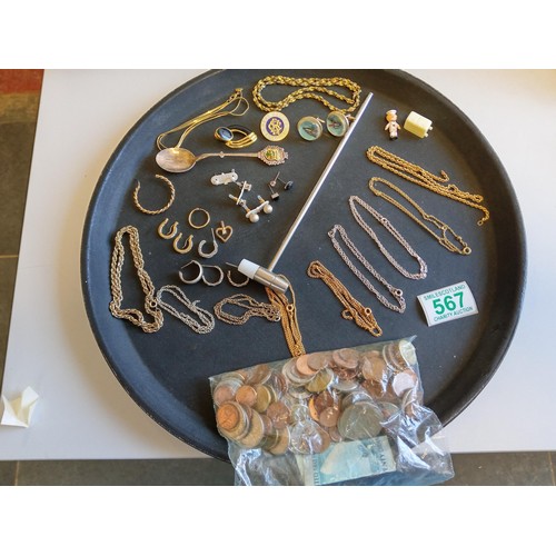 567 - A tray lot of jewellery, foreign coins and odds