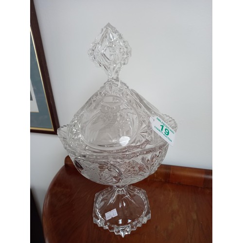 19 - Lidded, footed crystal goblet with owl etchings
