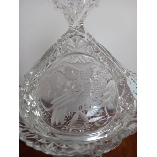 19 - Lidded, footed crystal goblet with owl etchings