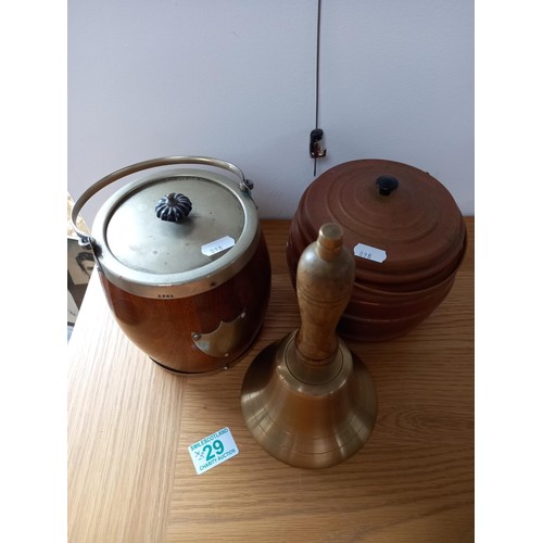 29 - Brass hand bell, vintage ice/biscuit bucket x 2