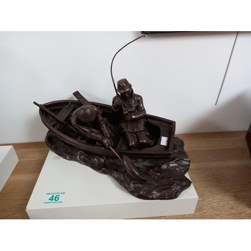 46 - Cold cast bronze, 2 anglers in boat, by Heredites