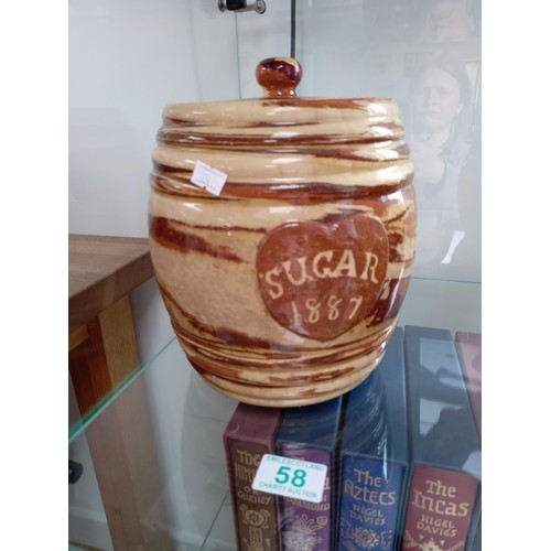 58 - Antique Scottish pottery, believed Seaton ware sugar jar, 1887, lid not original  approx 21 cm high