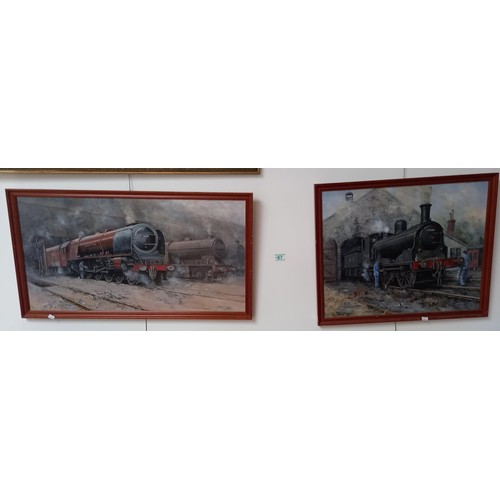 67 - 2 framed paintings of vintage trains by A Young, 1990/91