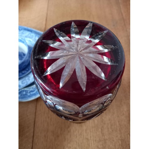 83 - Clear and cranberry glass vase  30 cm high