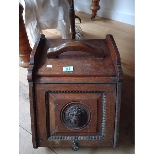 93 - Wooden coal scuttle with liner and shovel