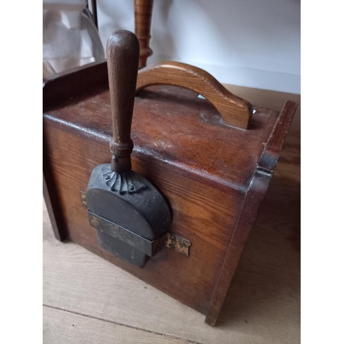 93 - Wooden coal scuttle with liner and shovel