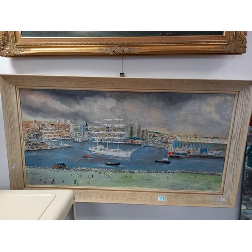 116 - Painting of Tall Ships in Aberdeen by W Grant, framed  112 x x62 cm approx