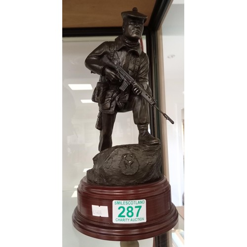 287 - Resin Bydand Gordon Highlanders Soldier figure on wooden plinth 28cm H approx.