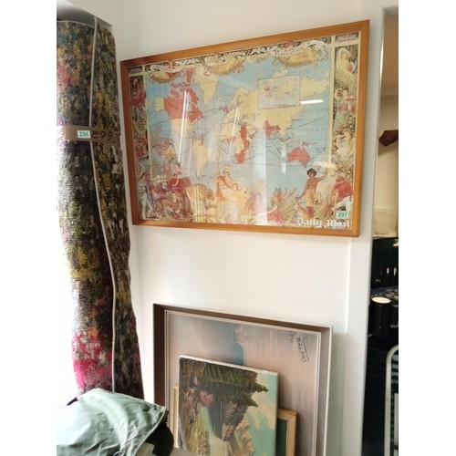 297 - Vintage framed map of the world and a selection of paintings and prints