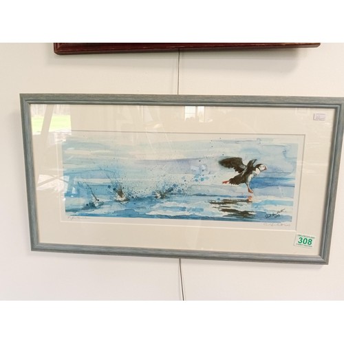 308 - Paul Bartlett 2003 Puffin Touch Down painting 61x31cm approx.