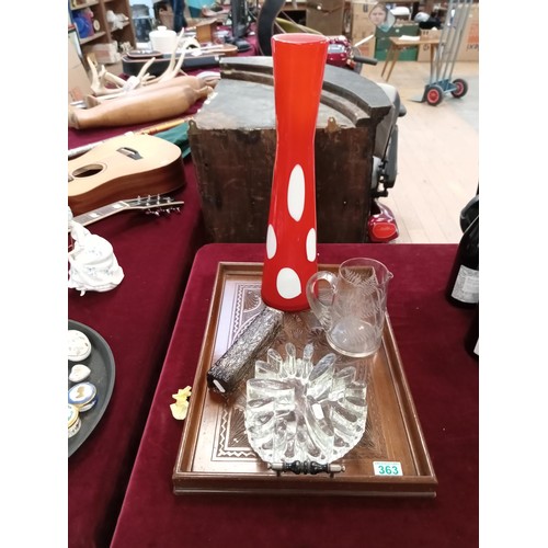 363 - 4 Pieces of glassware and a double handled tray