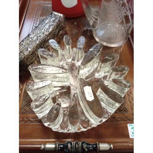 363 - 4 Pieces of glassware and a double handled tray