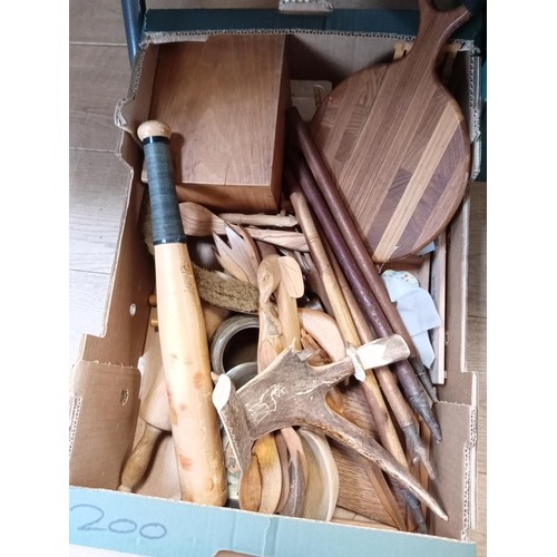 374 - Box of treen ware and fishing waders etc.