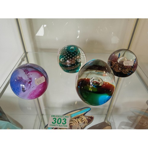 303 - 4x Glass paperweights some signed