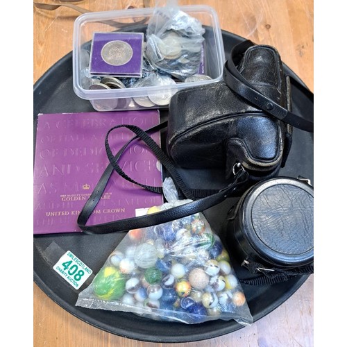 408 - Tray lot of camera, coins and marbles