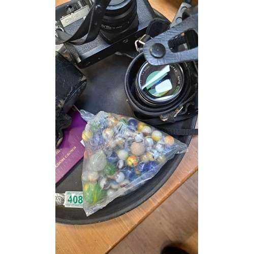 408 - Tray lot of camera, coins and marbles