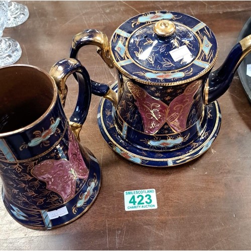 423 - Vintage pottery jug, teapot and stand