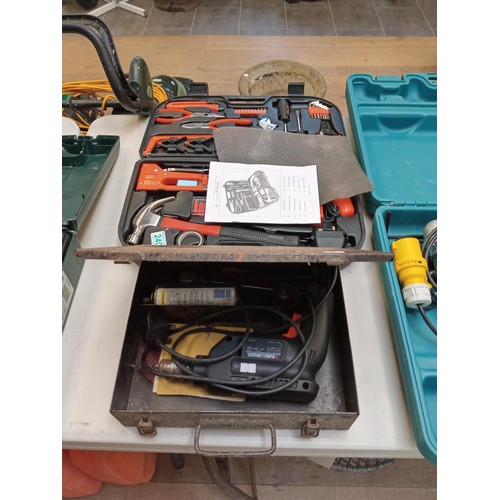 240 - Tool kit and a metal box with drill