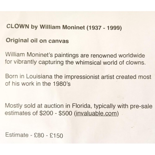 56 - 'Clown' by William Moninent (1937-1999)  Original oil on canvas