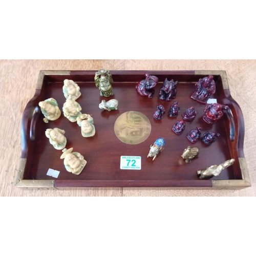 72 - Asian Style Wooden Tray and Minature Buddha and Elephant Figurines