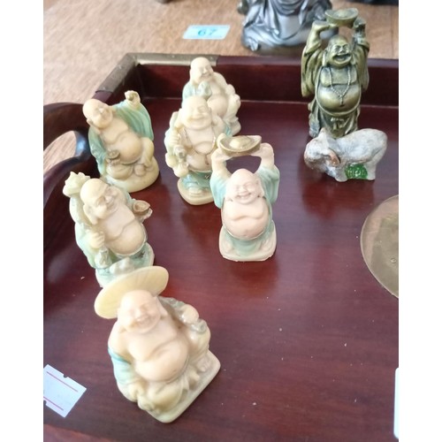 72 - Asian Style Wooden Tray and Minature Buddha and Elephant Figurines