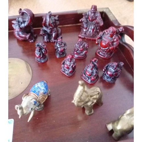 72 - Asian Style Wooden Tray and Minature Buddha and Elephant Figurines