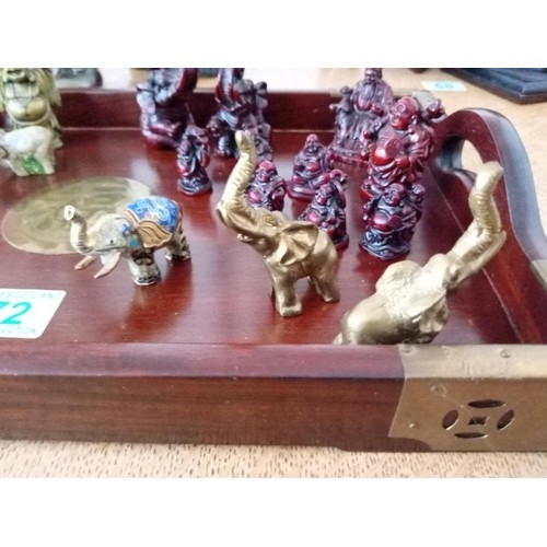 72 - Asian Style Wooden Tray and Minature Buddha and Elephant Figurines