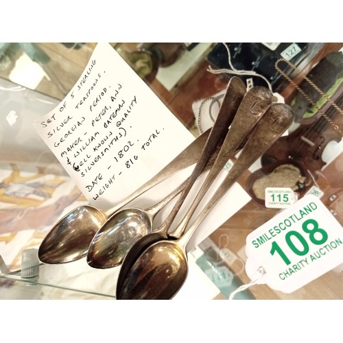 108 - Set of 5 Silver Tea Spoons Georgian Period 81g approx Maker Peter Ann and William Bateman Well Known... 