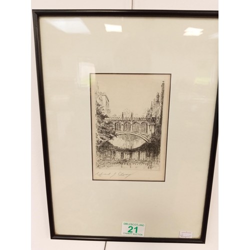 21 - Cambridge Original Etching by Edward J Cherry Signed Artist Proof Bridge of Sighs