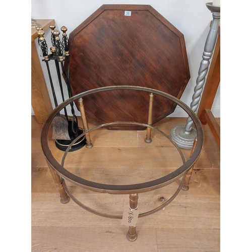 35 - Vintage Quality Brass Circular Table with a Wooden Top (Previously Glass). Telecopic style legs