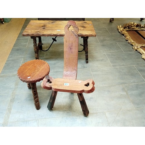 271 - 3 Legged Wooden stool and Chair