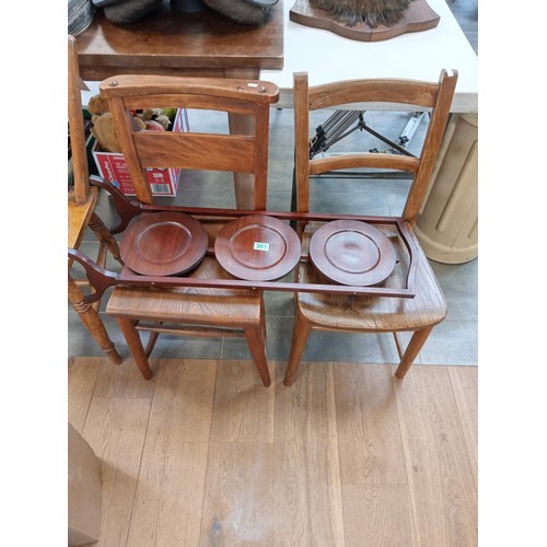 301 - Cake stand and 2 wooden chairs